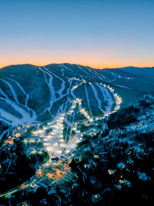 Twilight skiing trails lit from an aerial view at Sunday River.