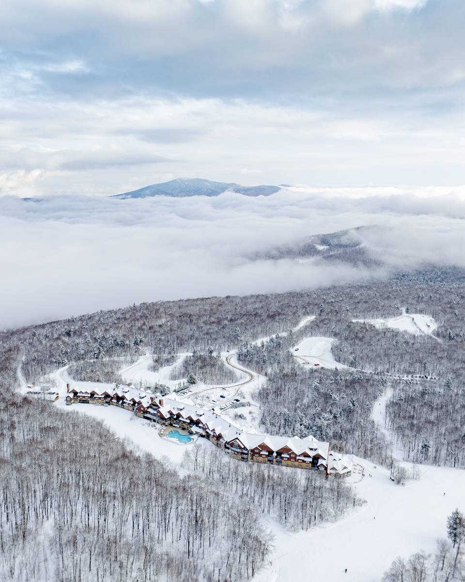 An aerial view of The Jordan at Sunday River in the winter time.