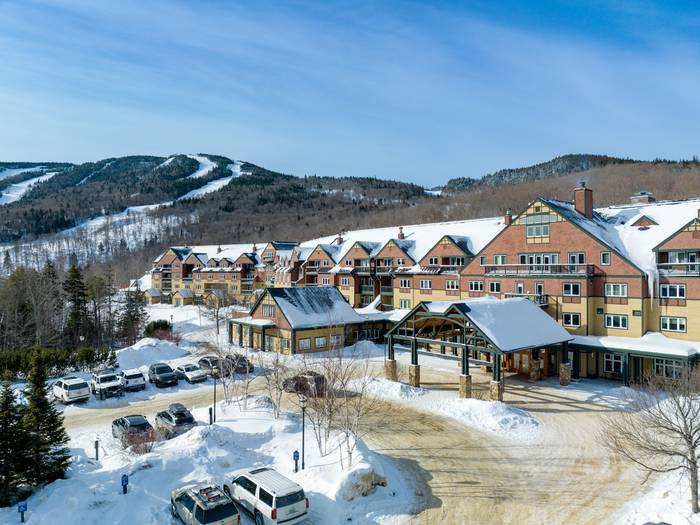 Outside of the Jordan Hotel in the winter at Sunday River.