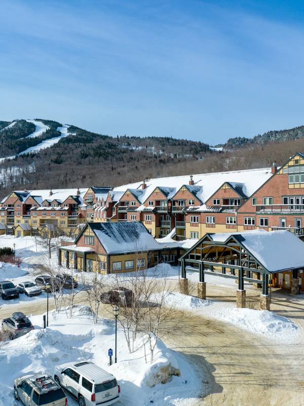 Outside of the Jordan Hotel in the winter at Sunday River.