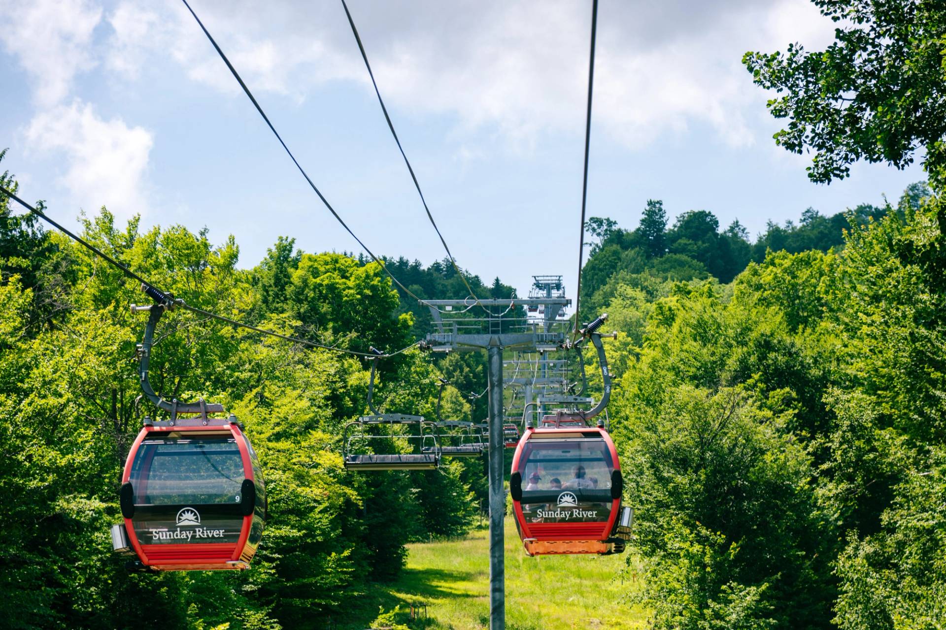 Chondola cabins in the summer at Sunday River.