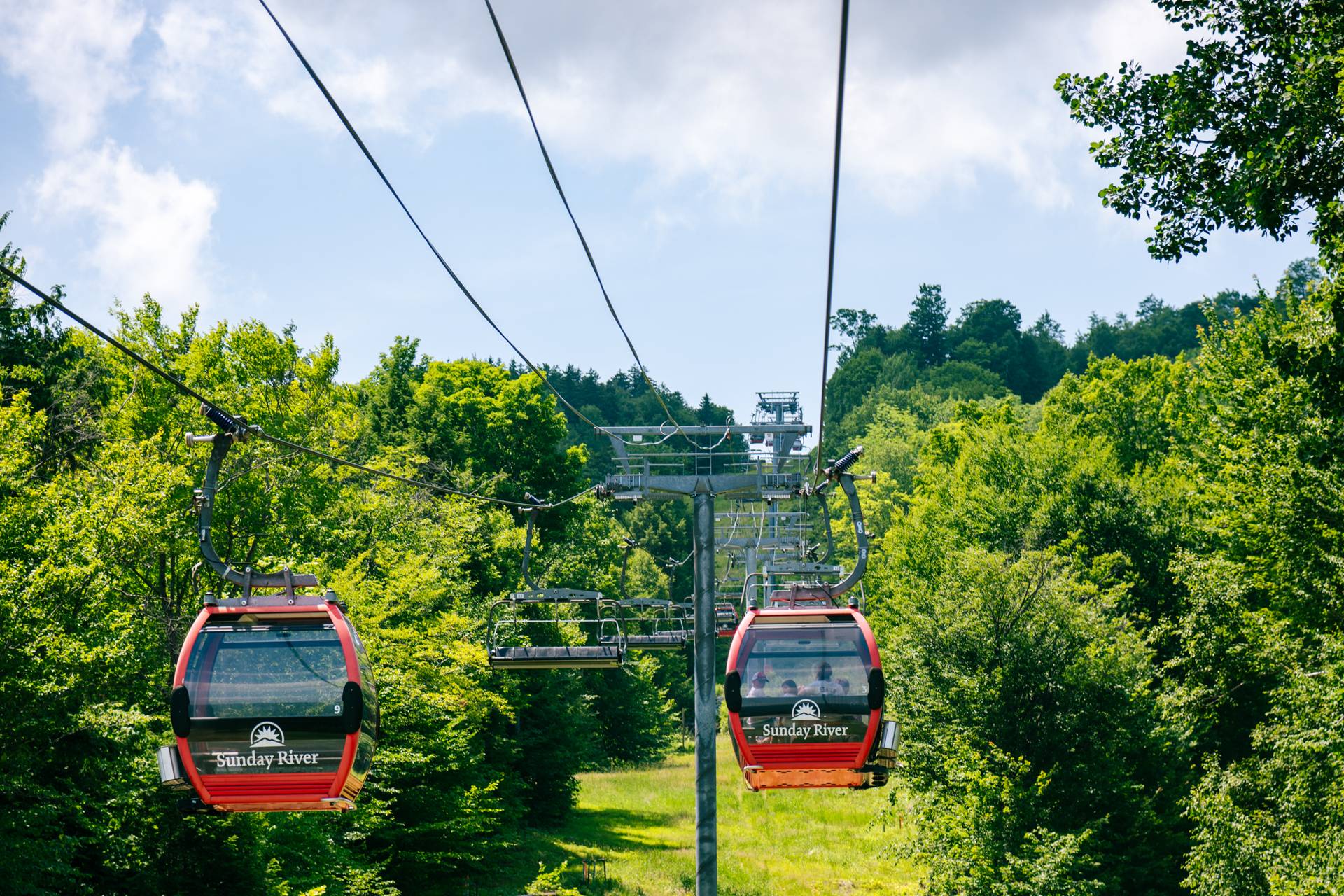 Chondola cabins in the summer at Sunday River.