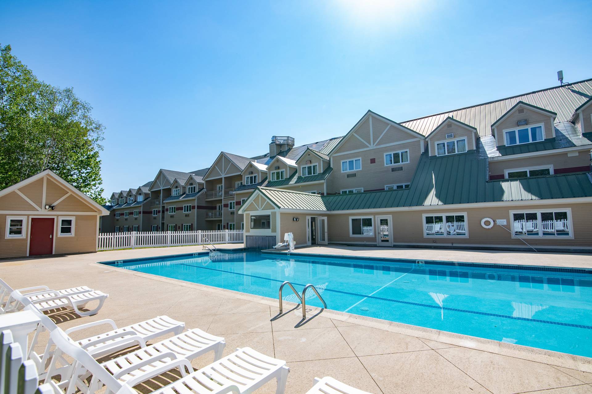 The pool in the summer at the Grand Summit Hotel at Sunday River.