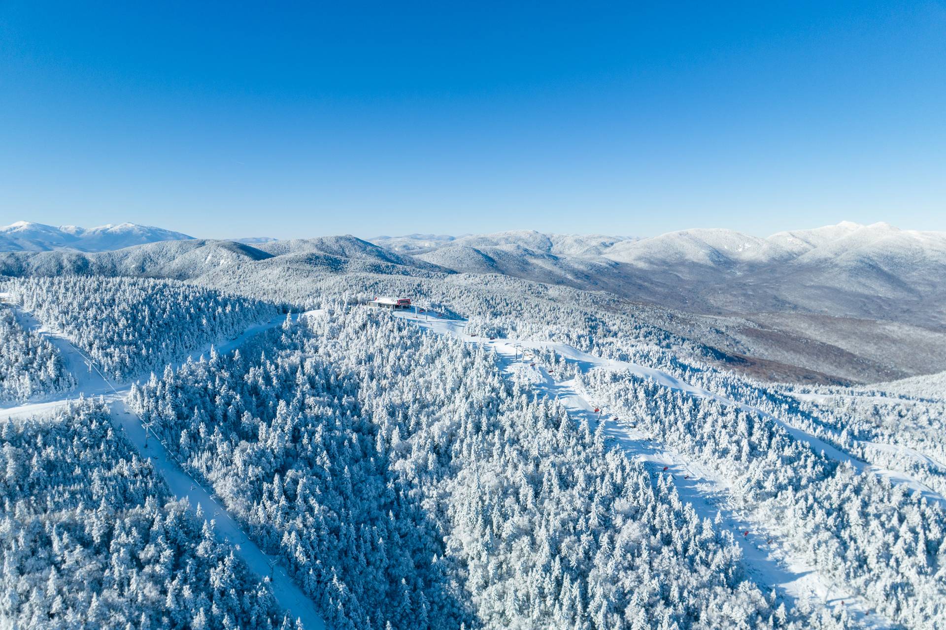 Snow covered trails all around the Jordan 8 at Sunday River.
