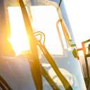 The window of a bus at sunrise at Sunday River, Maine.