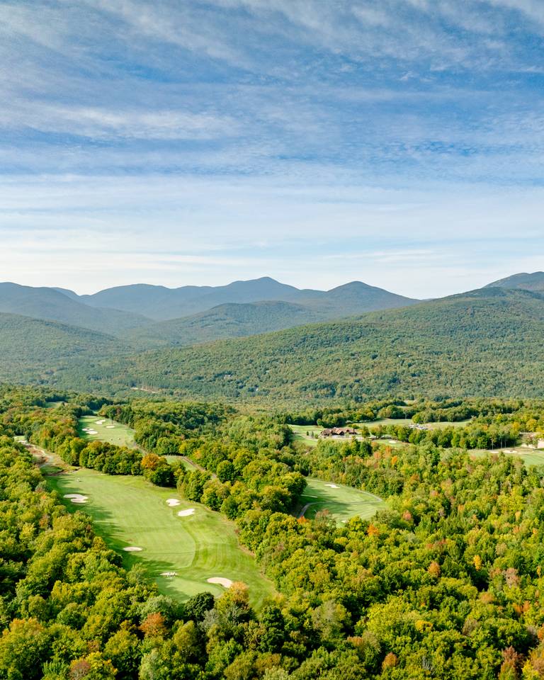 Aerial view of the Mahoosucs and the Sunday River Golf Club.