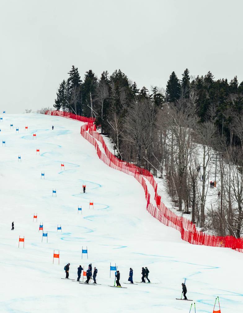 A large view of a ski run with gates on it at Sunday River