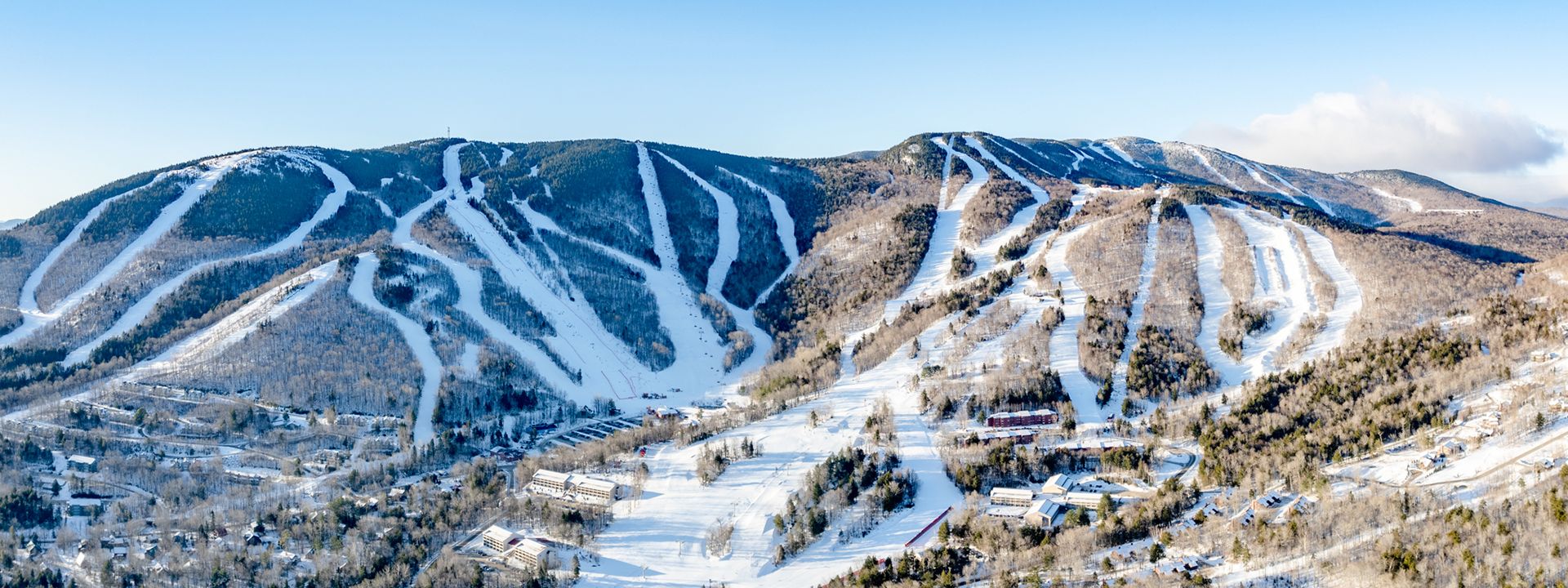 A drone view of the peaks, in the winter time, at Sunday River.