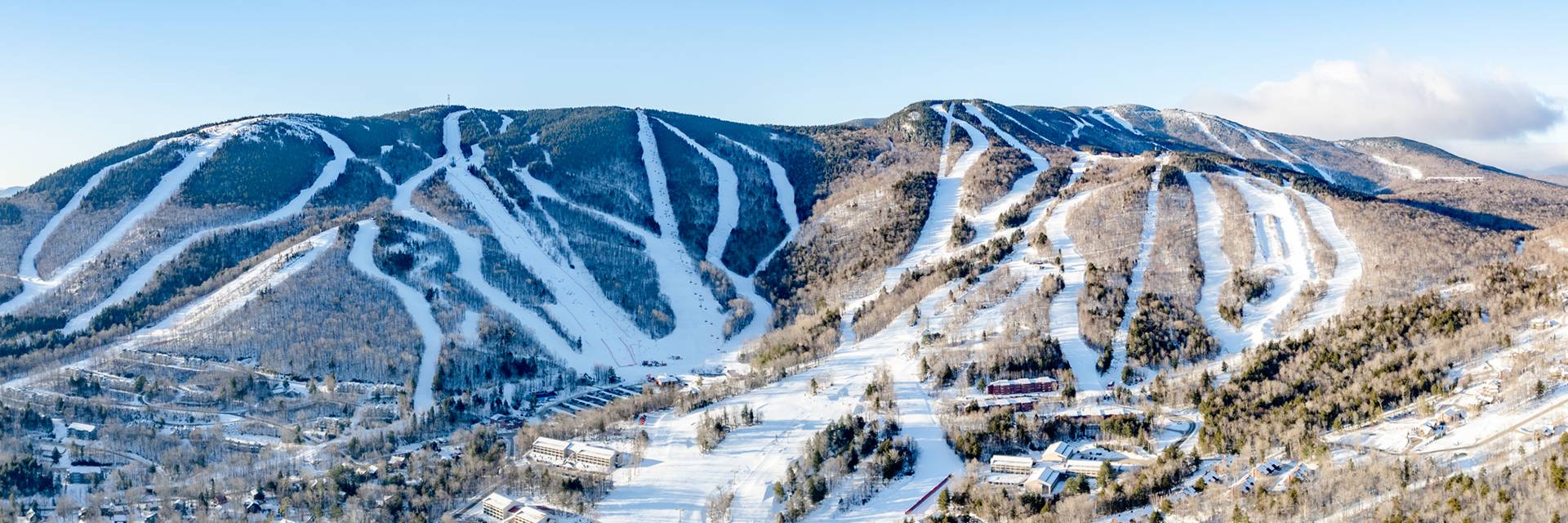 A drone view of the peaks, in the winter time, at Sunday River.