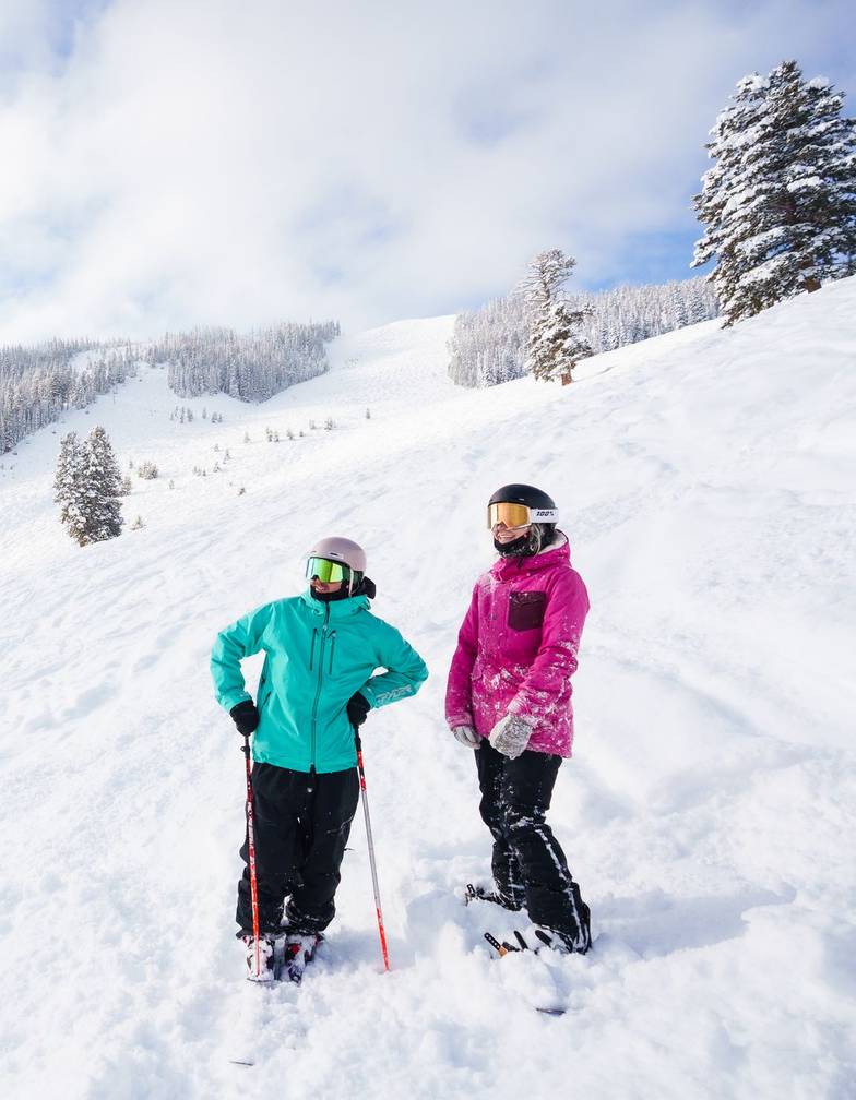 Two skiers talking on a powdery run.