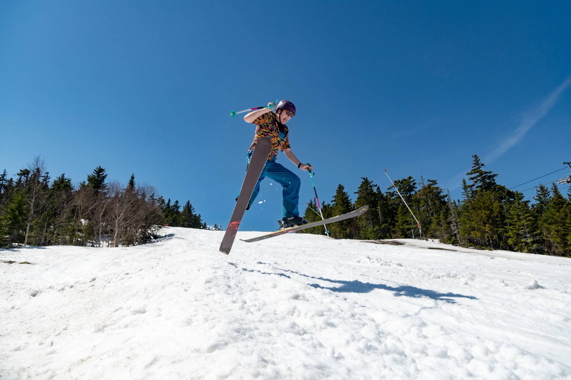 A skier in the spring snow at Sunday River, Maine