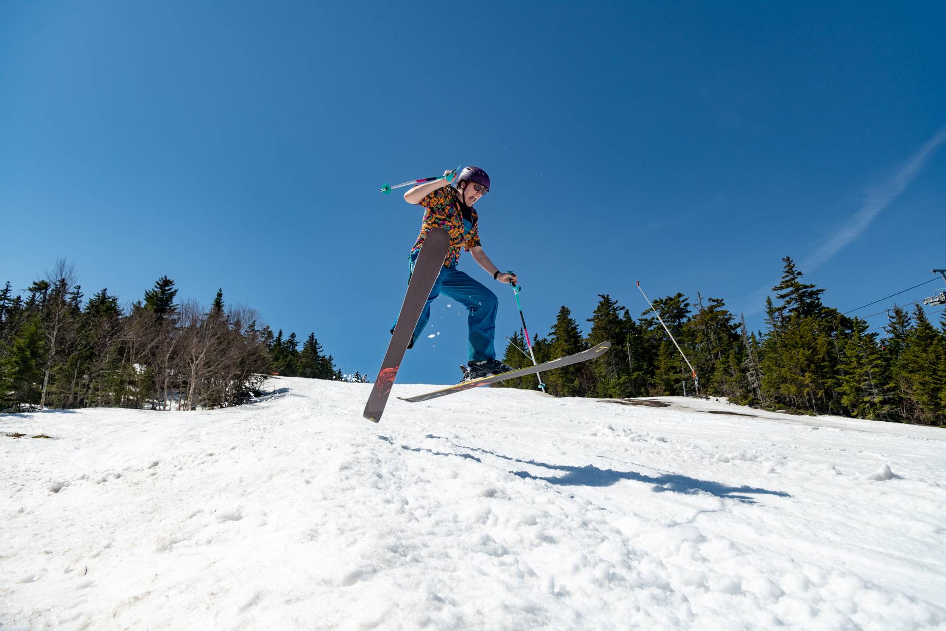 A skier in the spring snow at Sunday River, Maine