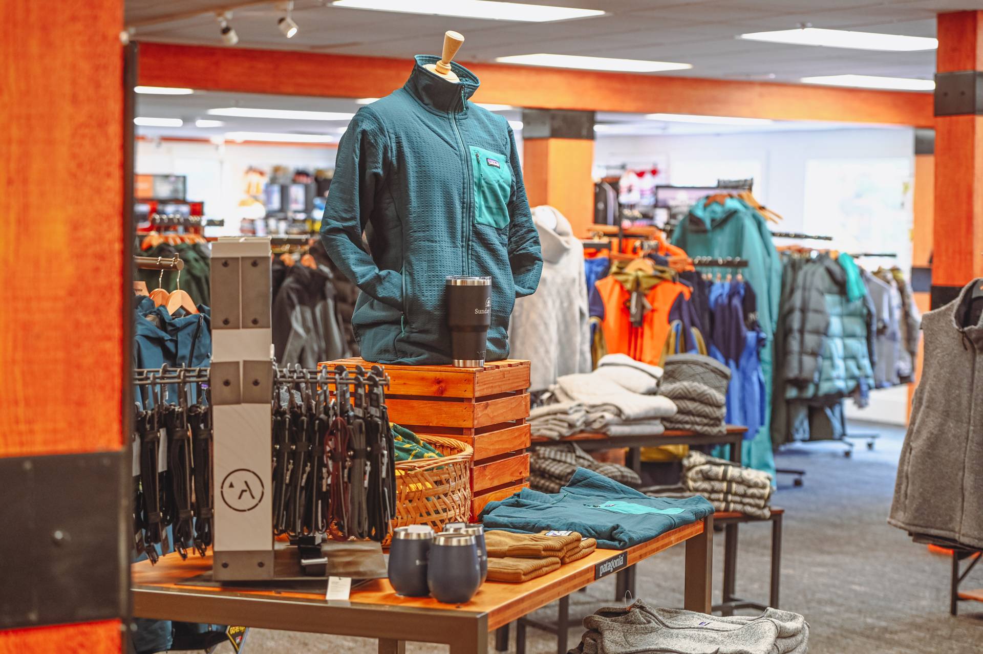 Clothing racks and tables of goods Sunday River Sports at Sunday River.