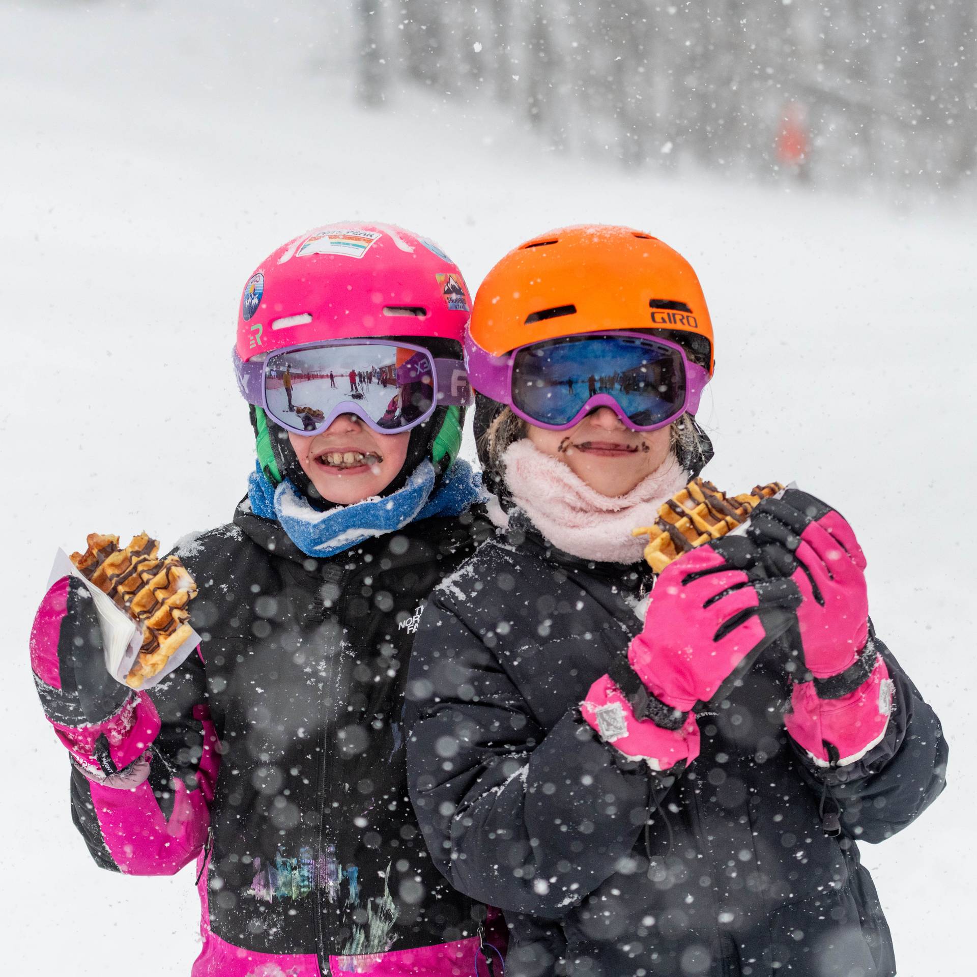 Kids eating a yummy chocolate waffle at Sunday River.
