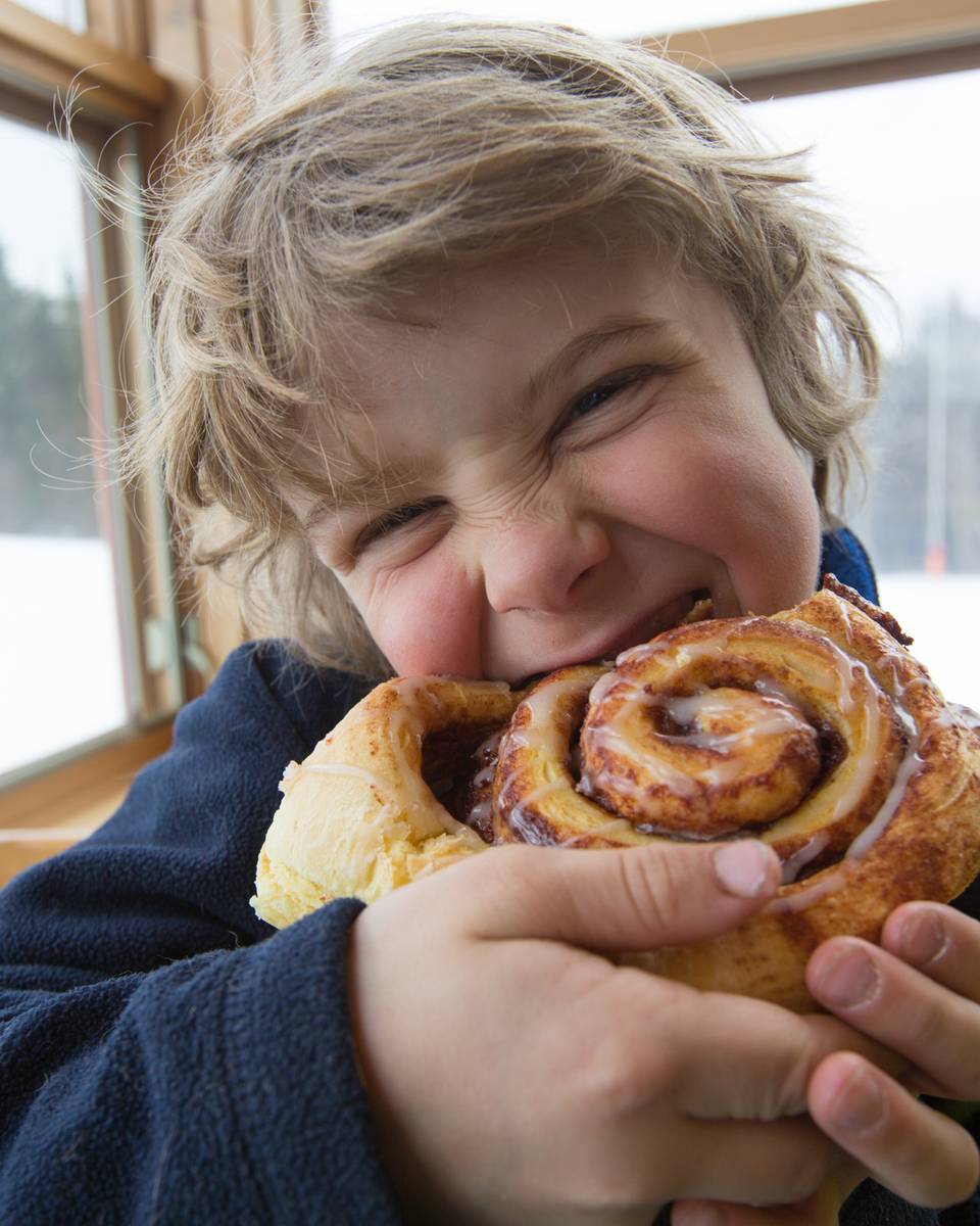 A kid enjoying a cinnamon bun at Sunday River.