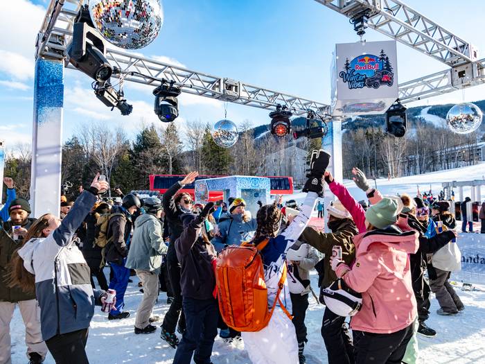A group of people dancing during Red Bull Winter Vibes at Sunday River Resort.
