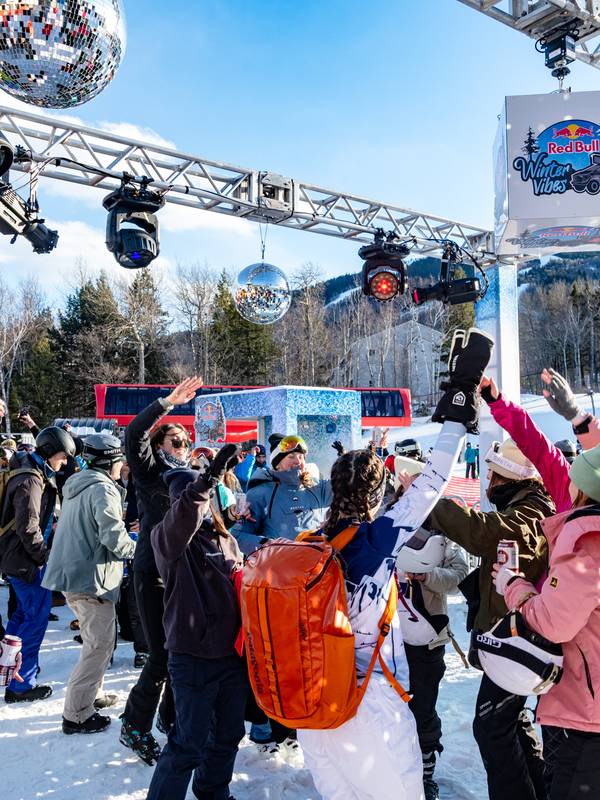 A group of people dancing during Red Bull Winter Vibes at Sunday River Resort.