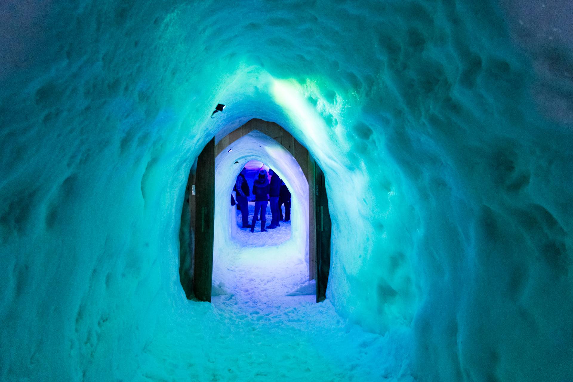 The doorway to the Alpeniglu igloo at Sunday River Resort in Newry, Maine