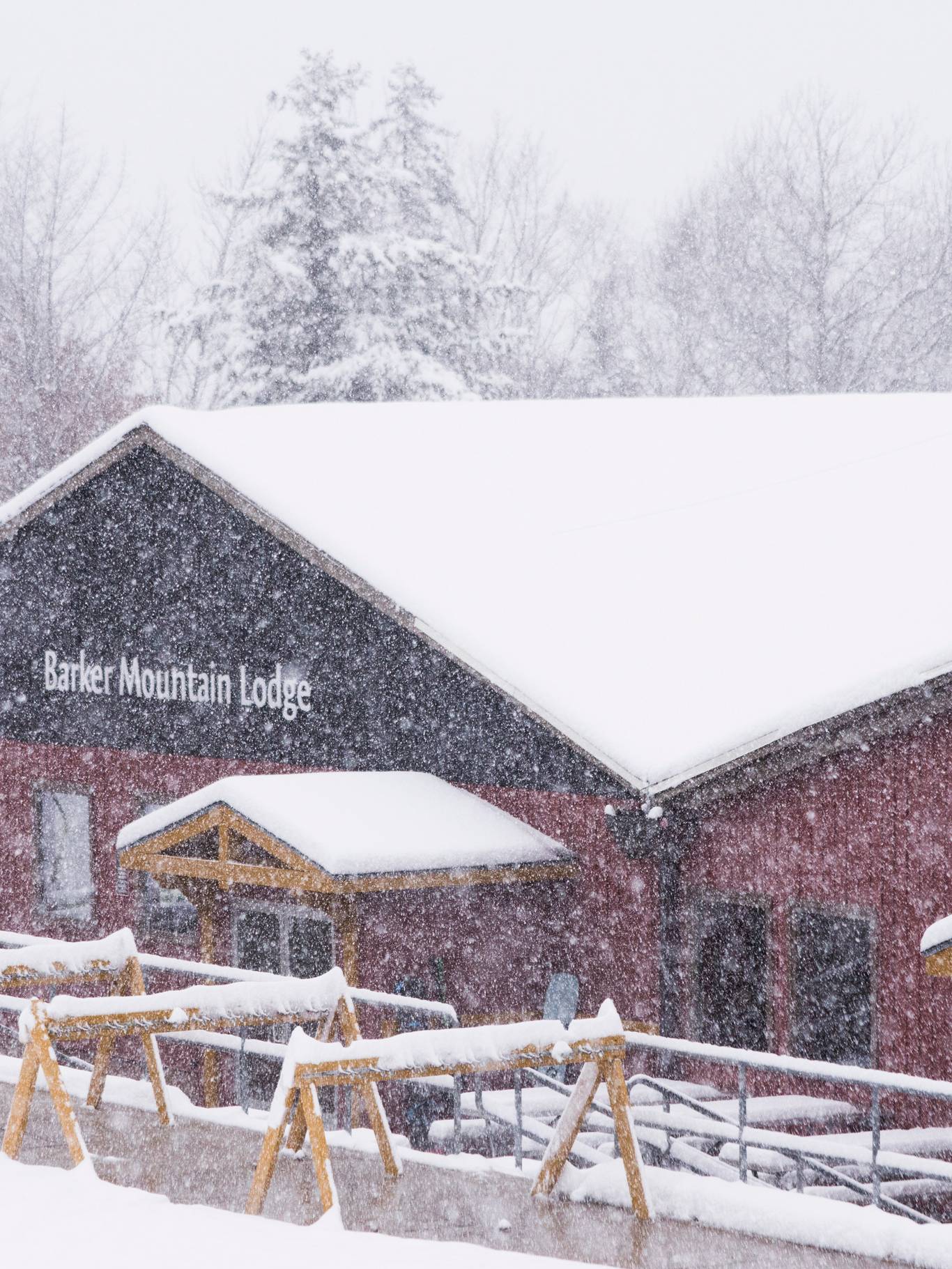 Snow falling at Barker Lodge at Sunday River.
