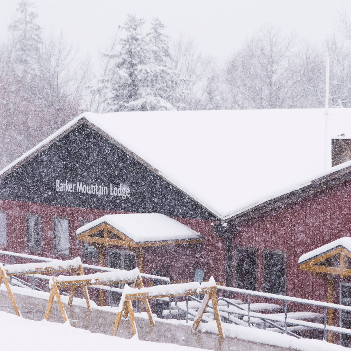 Snow falling at Barker Lodge at Sunday River.