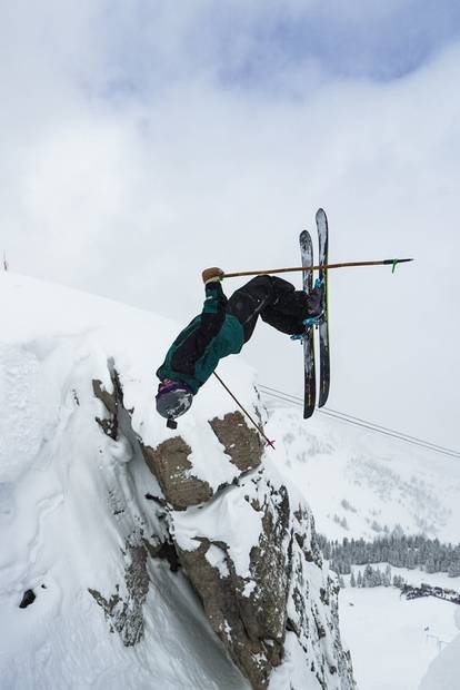 A skier back flips during the Kings and Queens event.