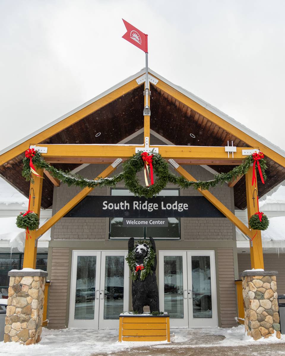 The front doors of the South Ridge base lodge at Sunday River.