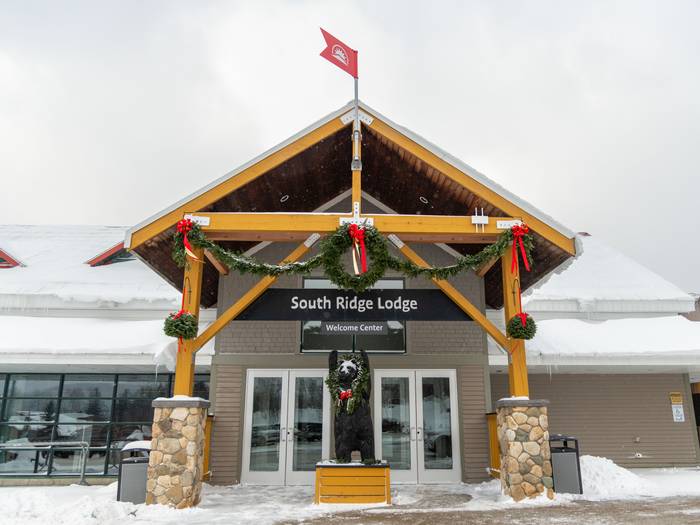 The front doors of the South Ridge base lodge at Sunday River.