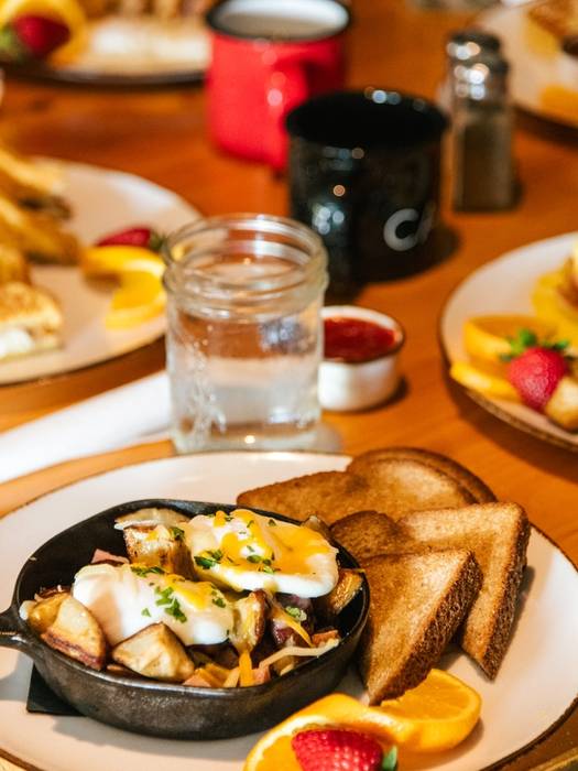 Eggs and toast in a skillet from Sunday River's Camp.
