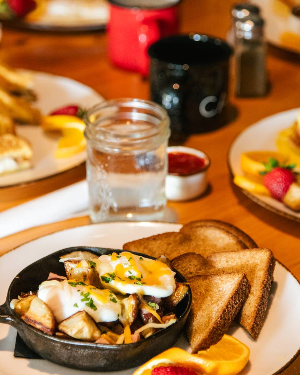 Eggs and toast in a skillet from Sunday River's Camp.