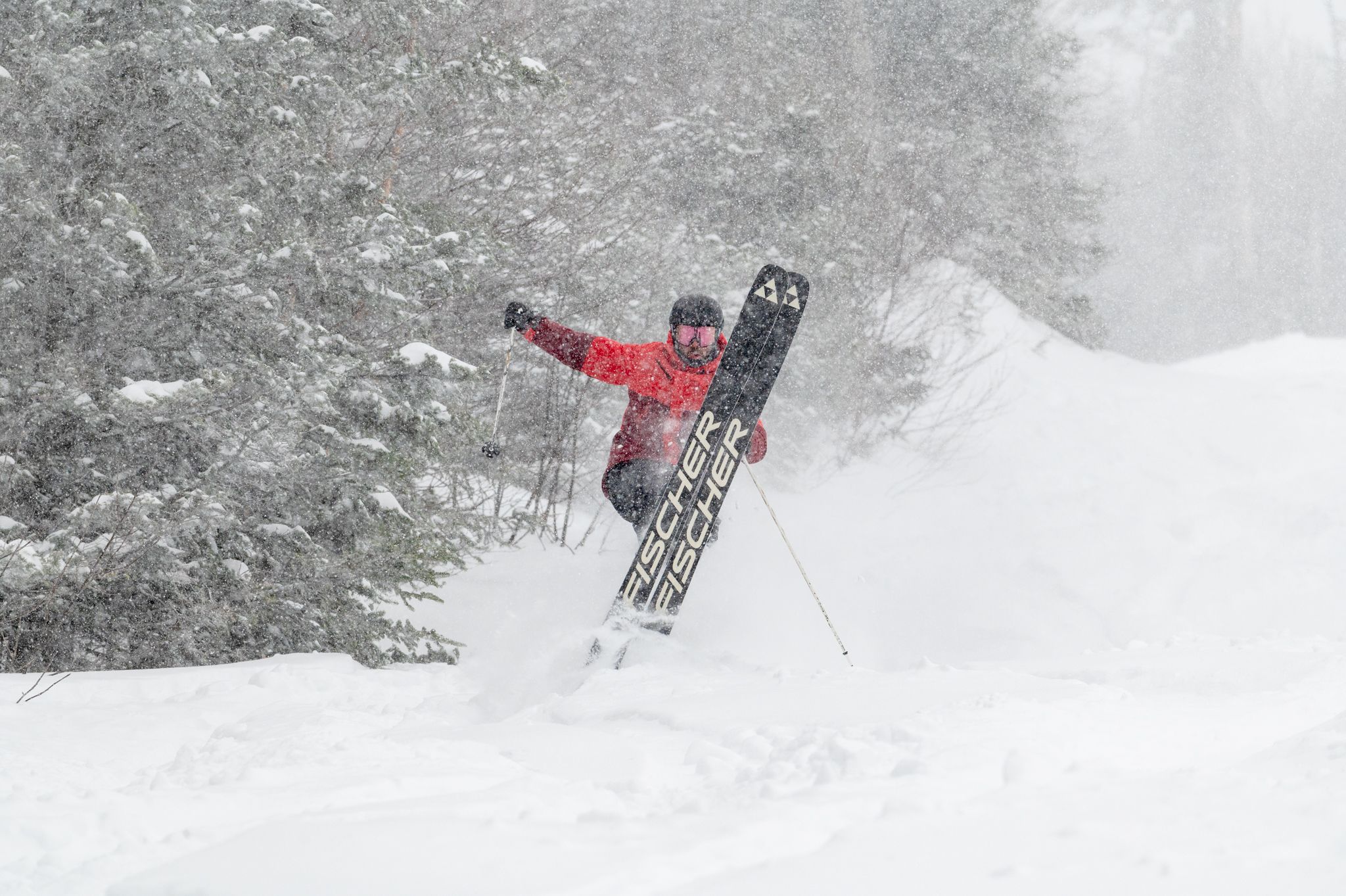 A skier in powder at Sunday River, Maine
