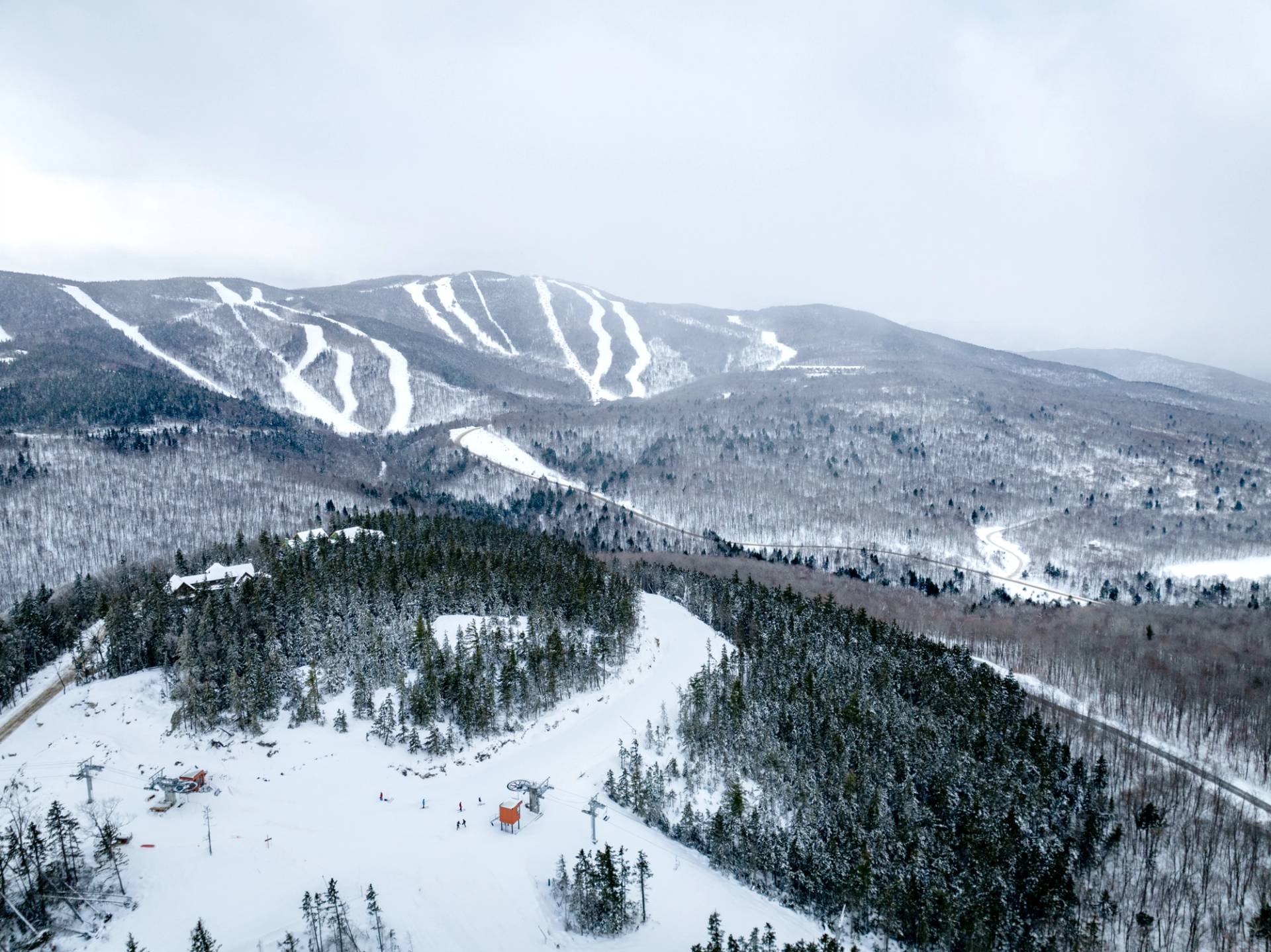 An aerial view of Sunday River in winter. 