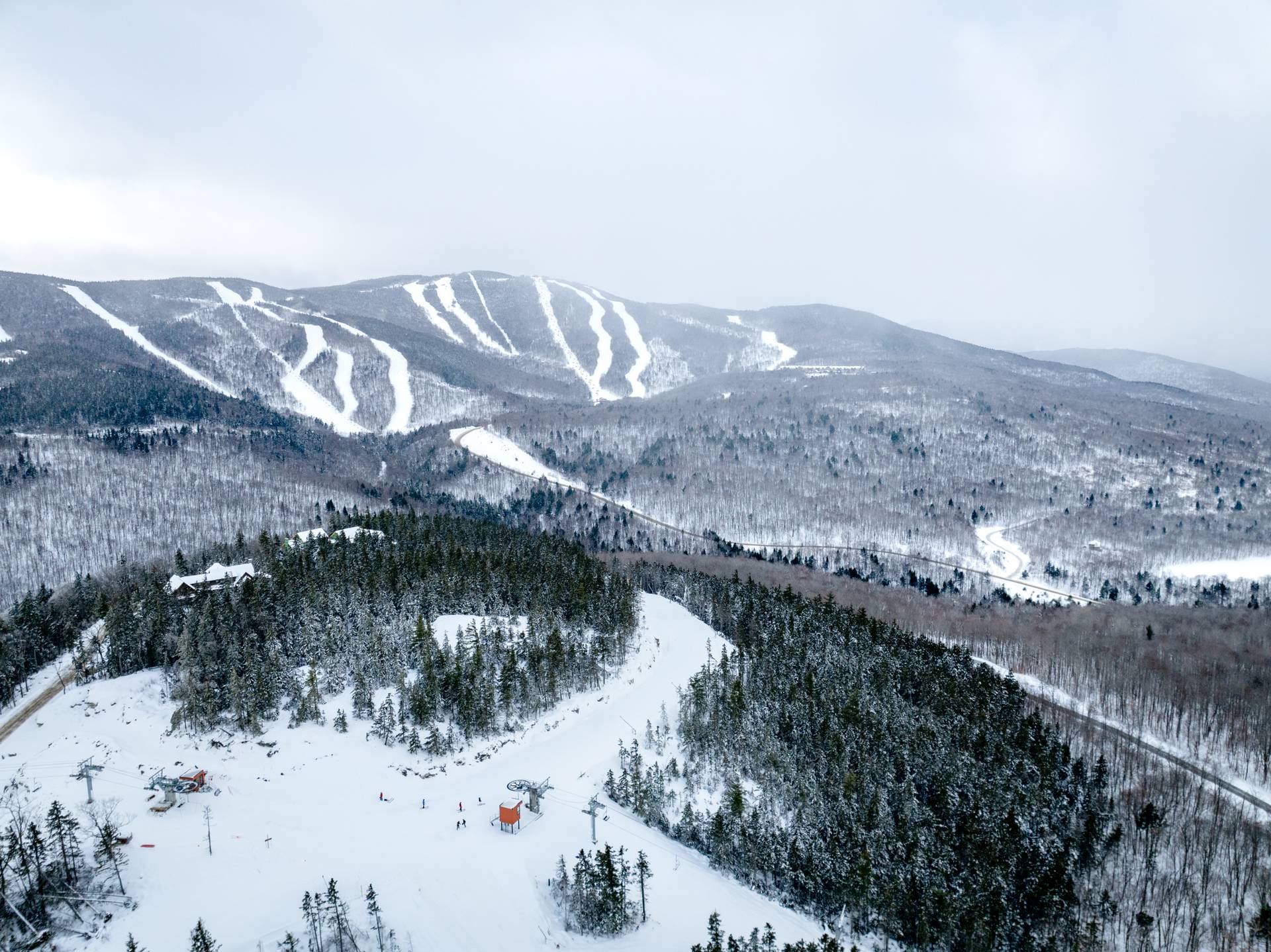 An aerial view of Sunday River in winter.