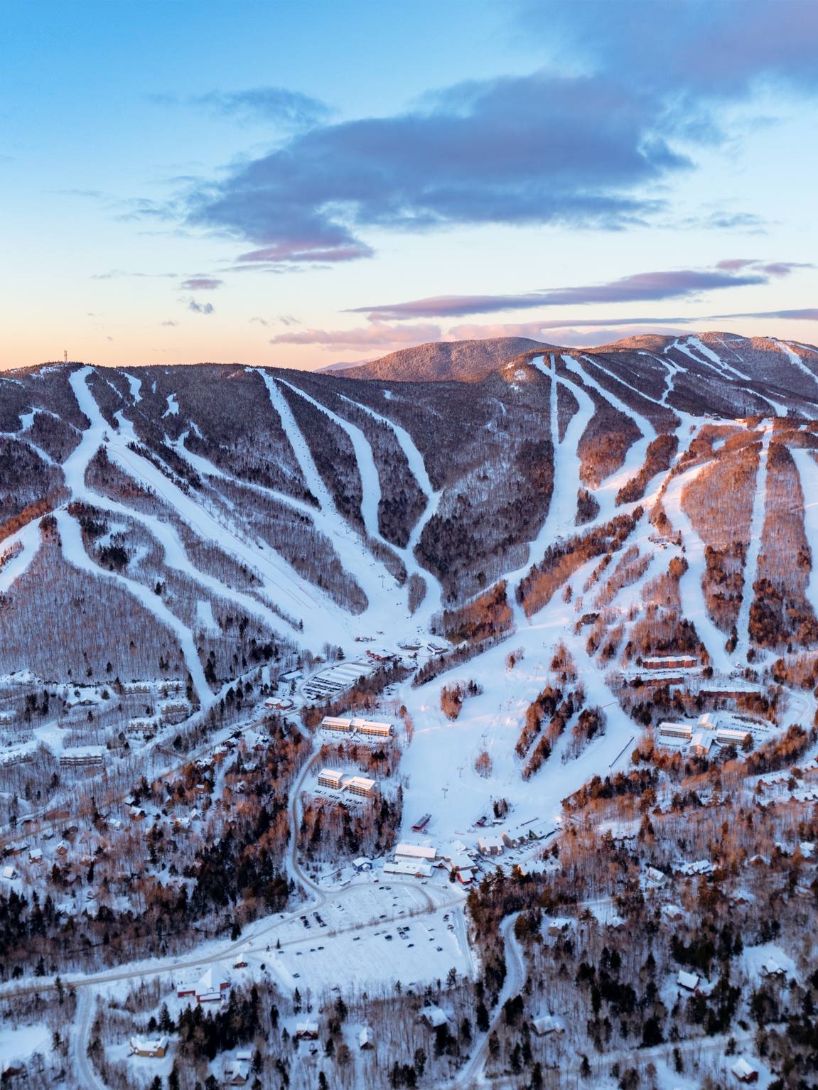 Aerial view of Sunday River at sunrise.