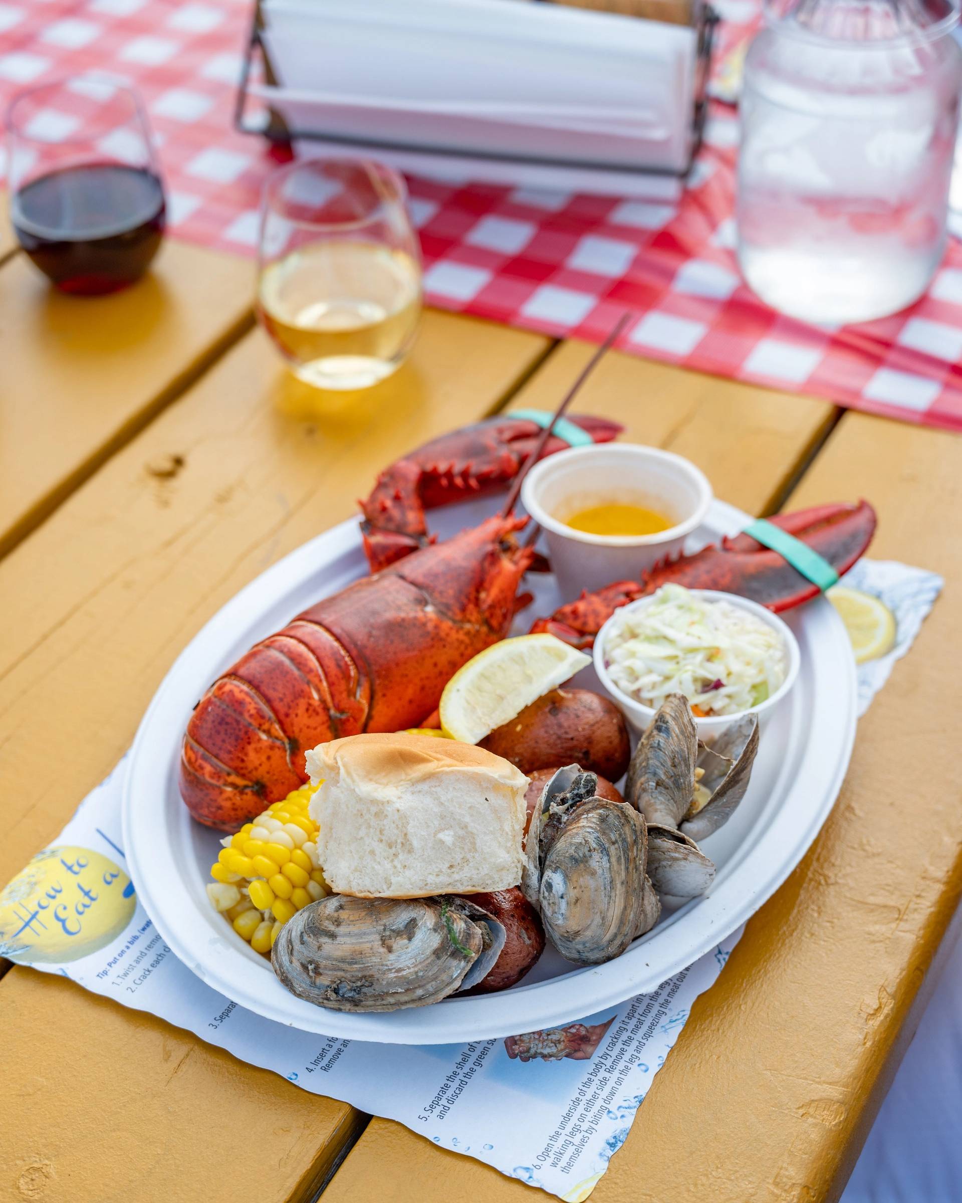 Steamed lobster, clams, butter, and some other fixings for a lobster bake at Sunday River.