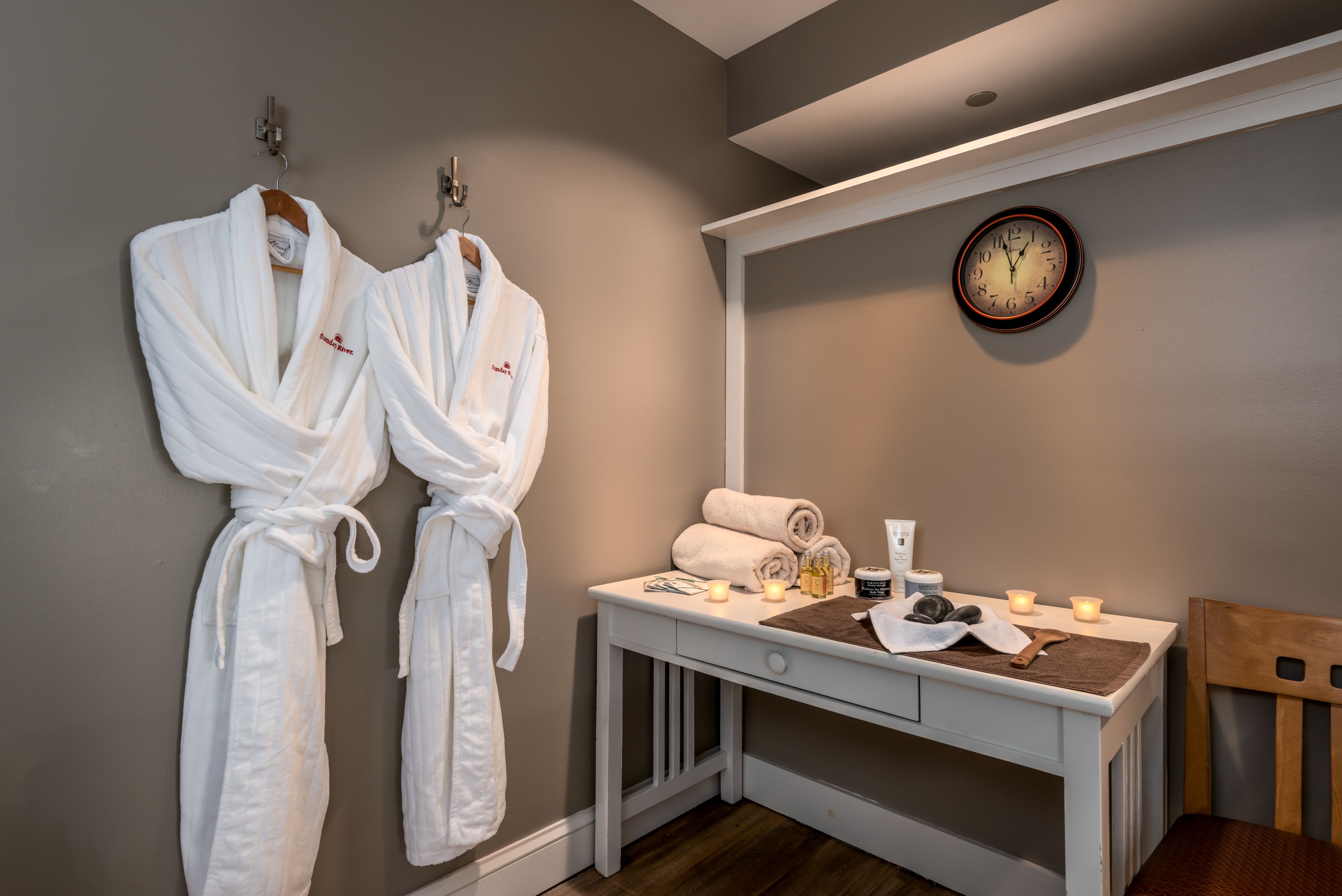 Bathrobes hanging in the spa services room at the Jordan Spa at Sunday River.