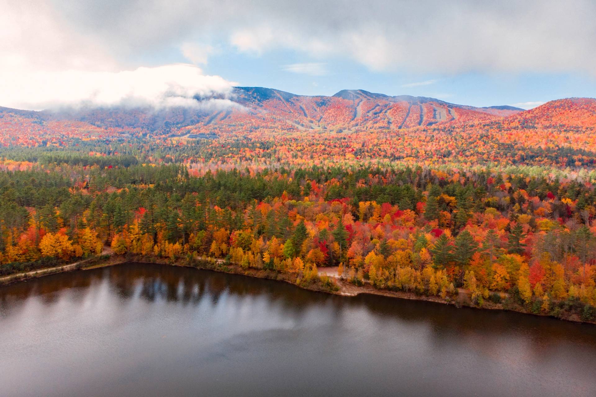 The snowmaking pond at Sunday River in the fall