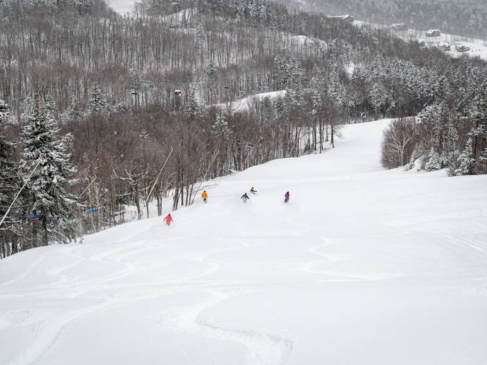 Skiers in a group on a powder day.