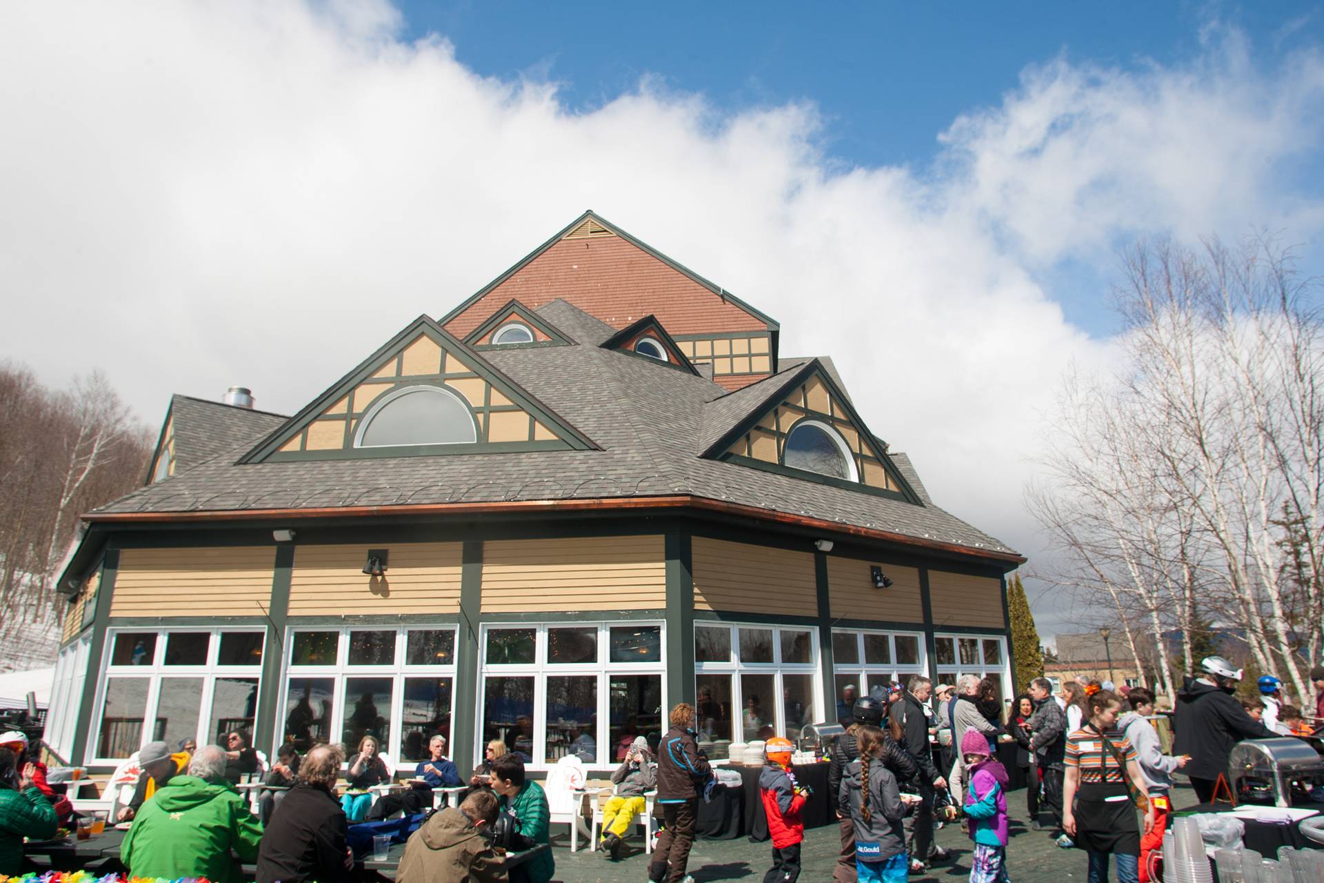 The slopeside deck at Sliders Restaurant at Sunday River.