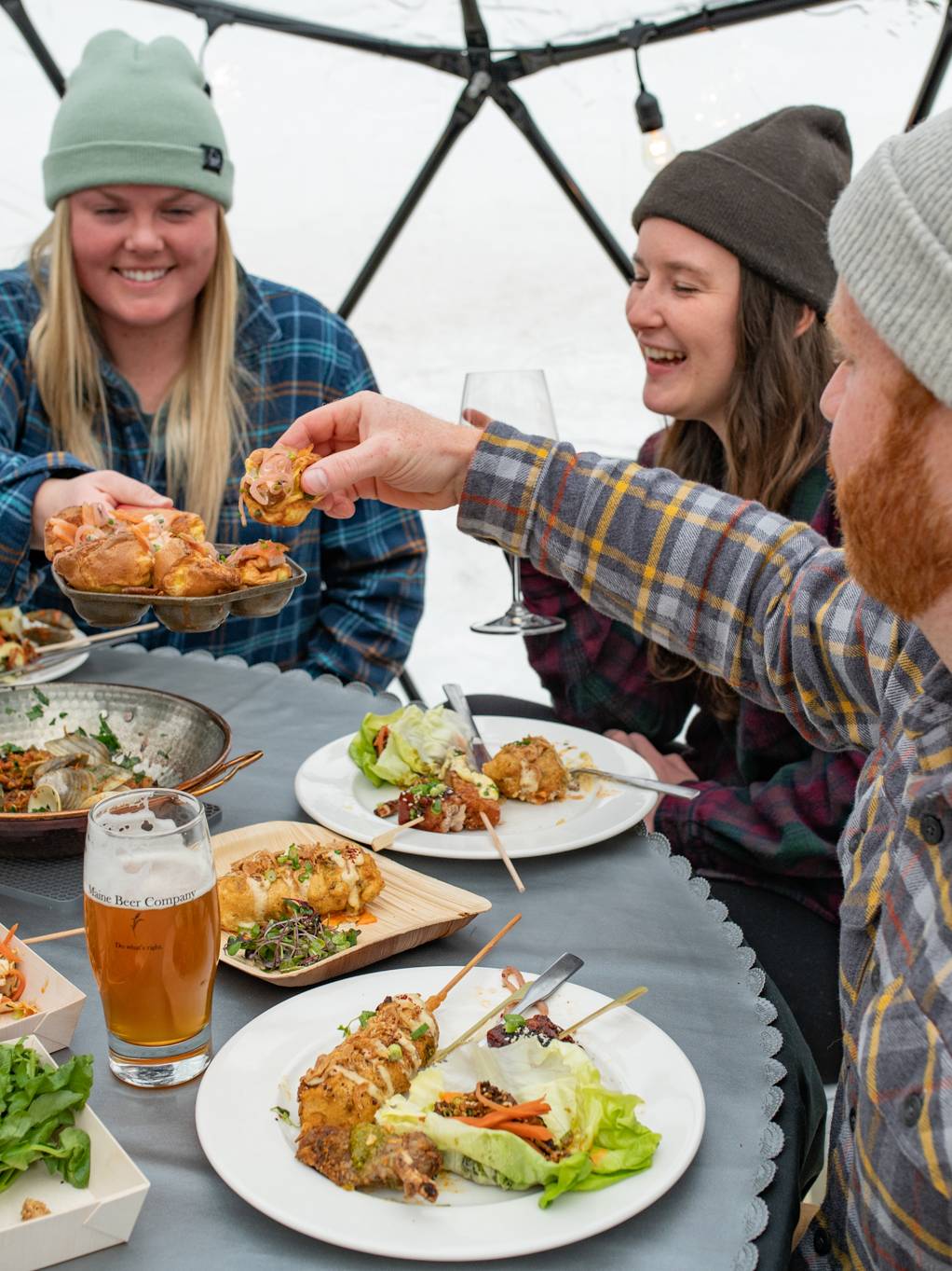 Group of people enjoying a meal in their private igloo.