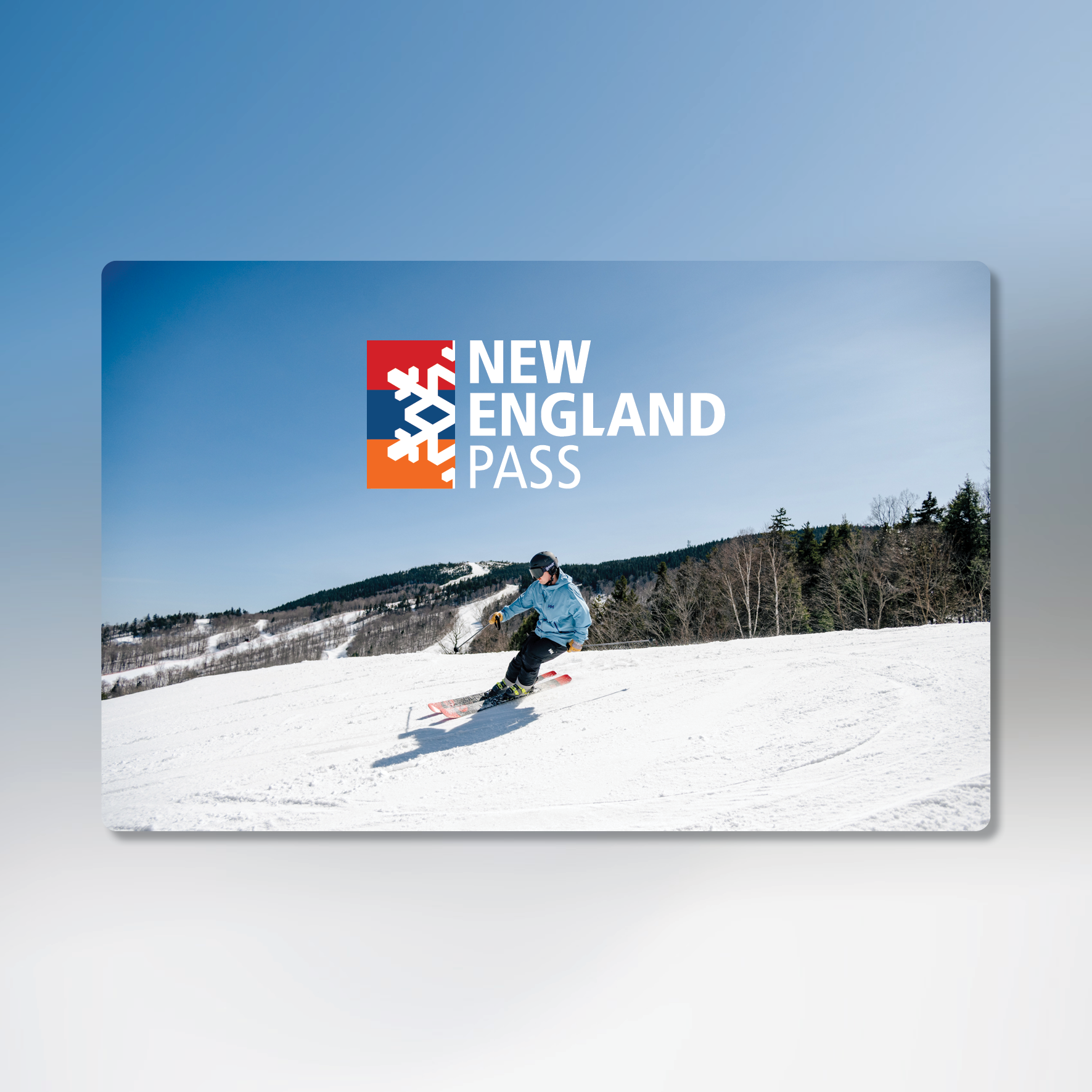 NEP Logo over a person skiing at Sunday River.