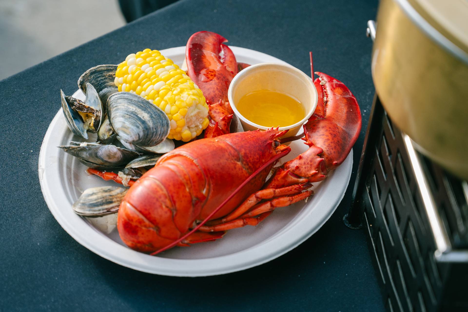 A lobster on a plate with clams and corn.