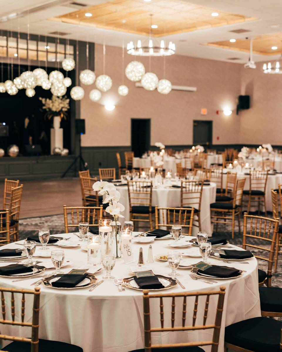 The ballroom decorated for a wedding.