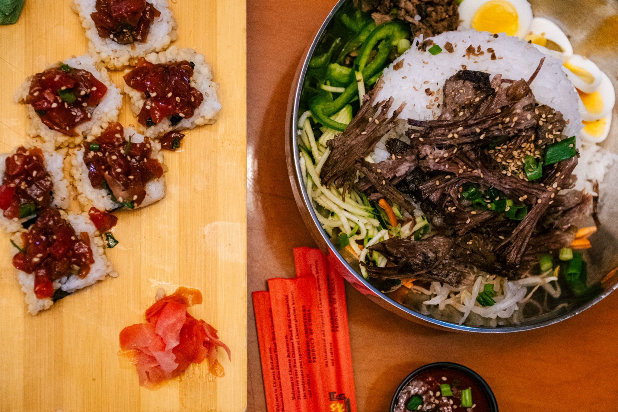 A rice bowl and sushi from Cho Sun.