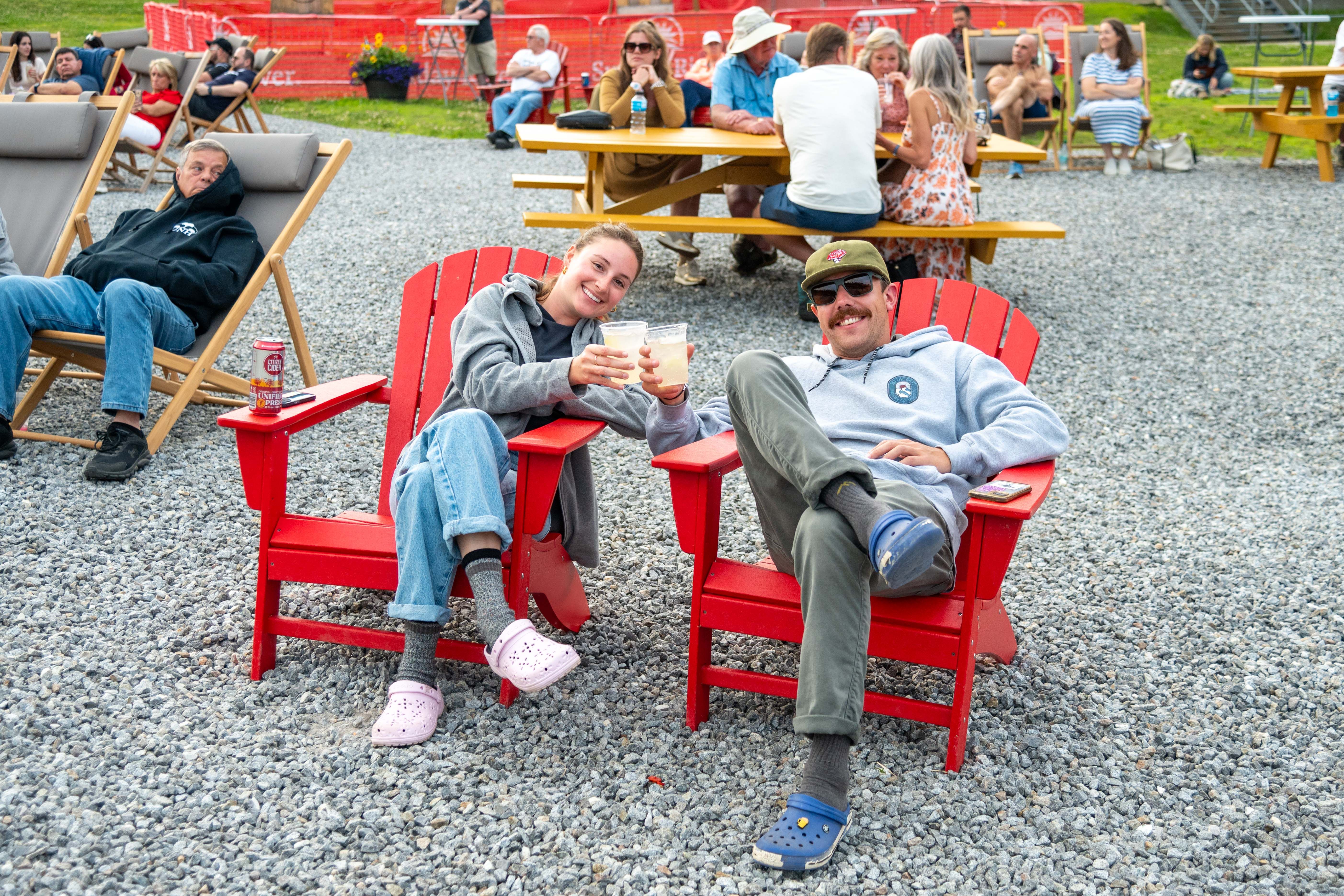 People cheering their glasses at Sunday River.