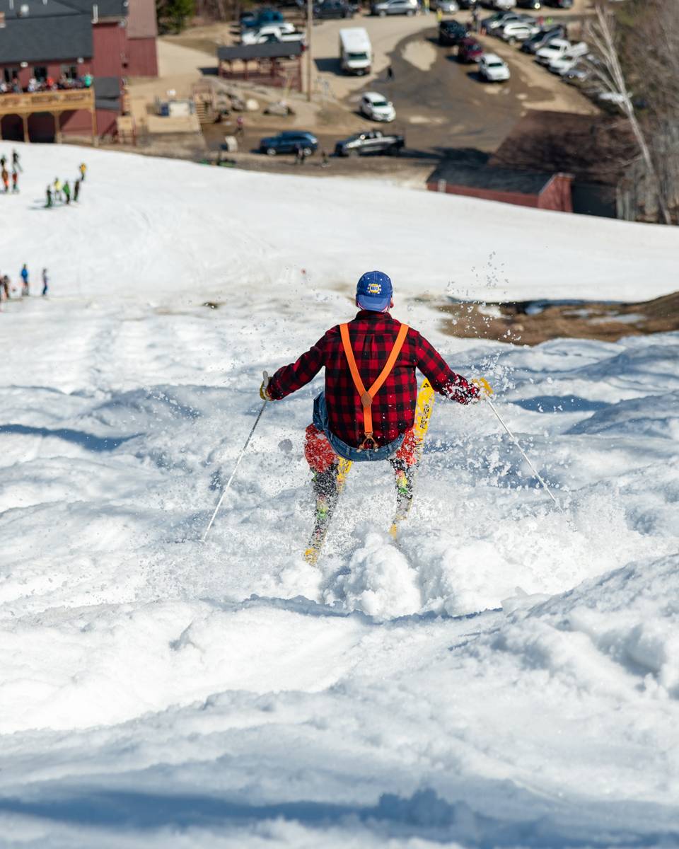 Donny Pelletier skiing moguls in the spring