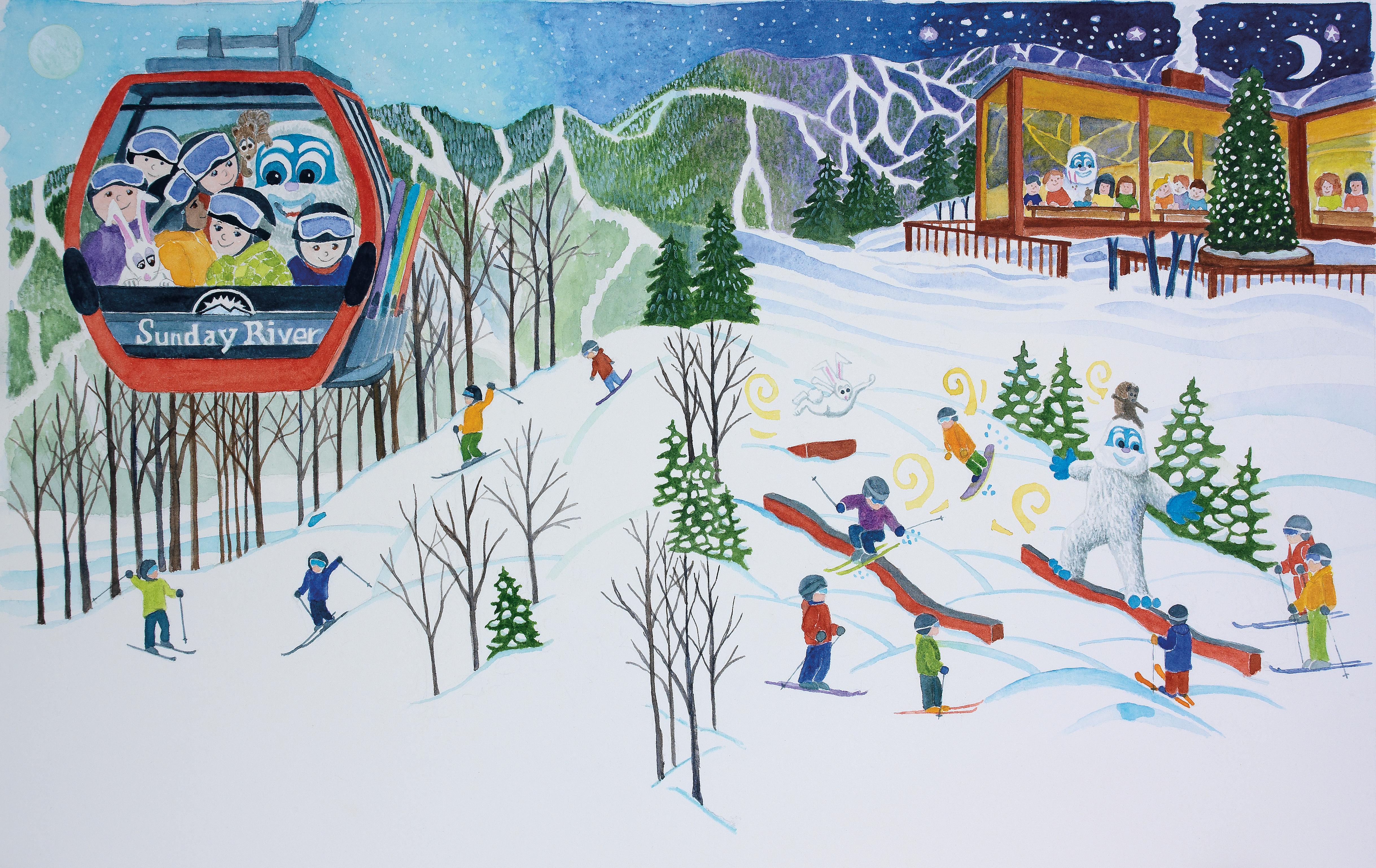 Eddy the Yeti skiing with kids in the children's book.