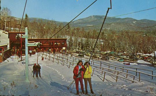 People using a t-bar at Sunday River in the late 1950s.