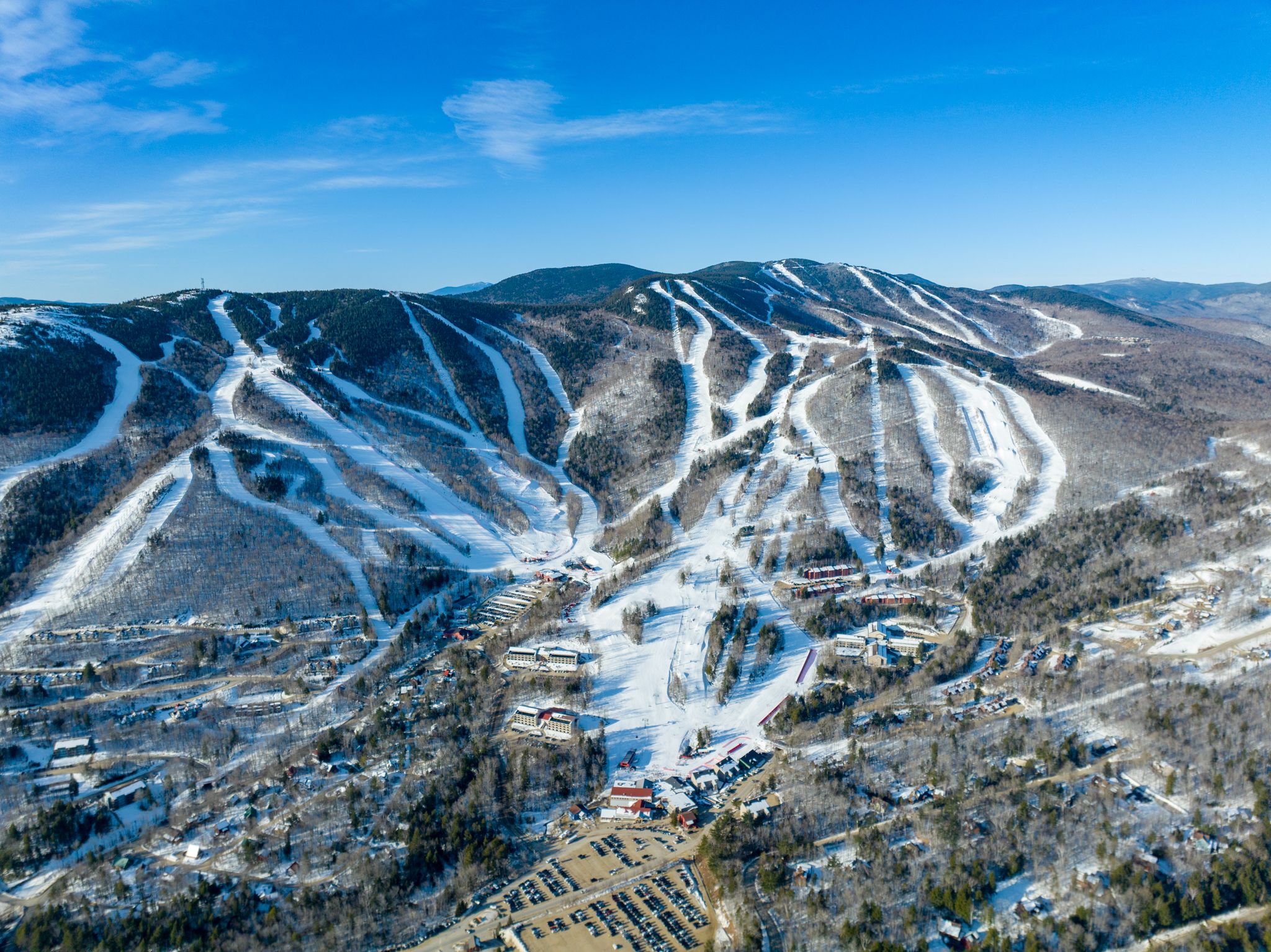 An aerial of Sunday River's eight peaks in the winter. 