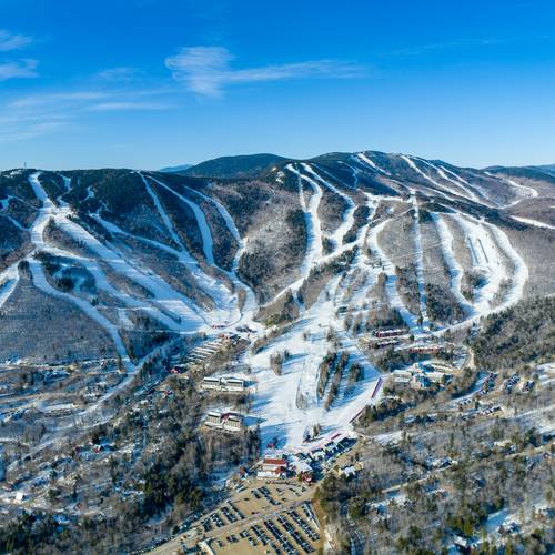 An aerial of Sunday River's eight peaks in the winter.