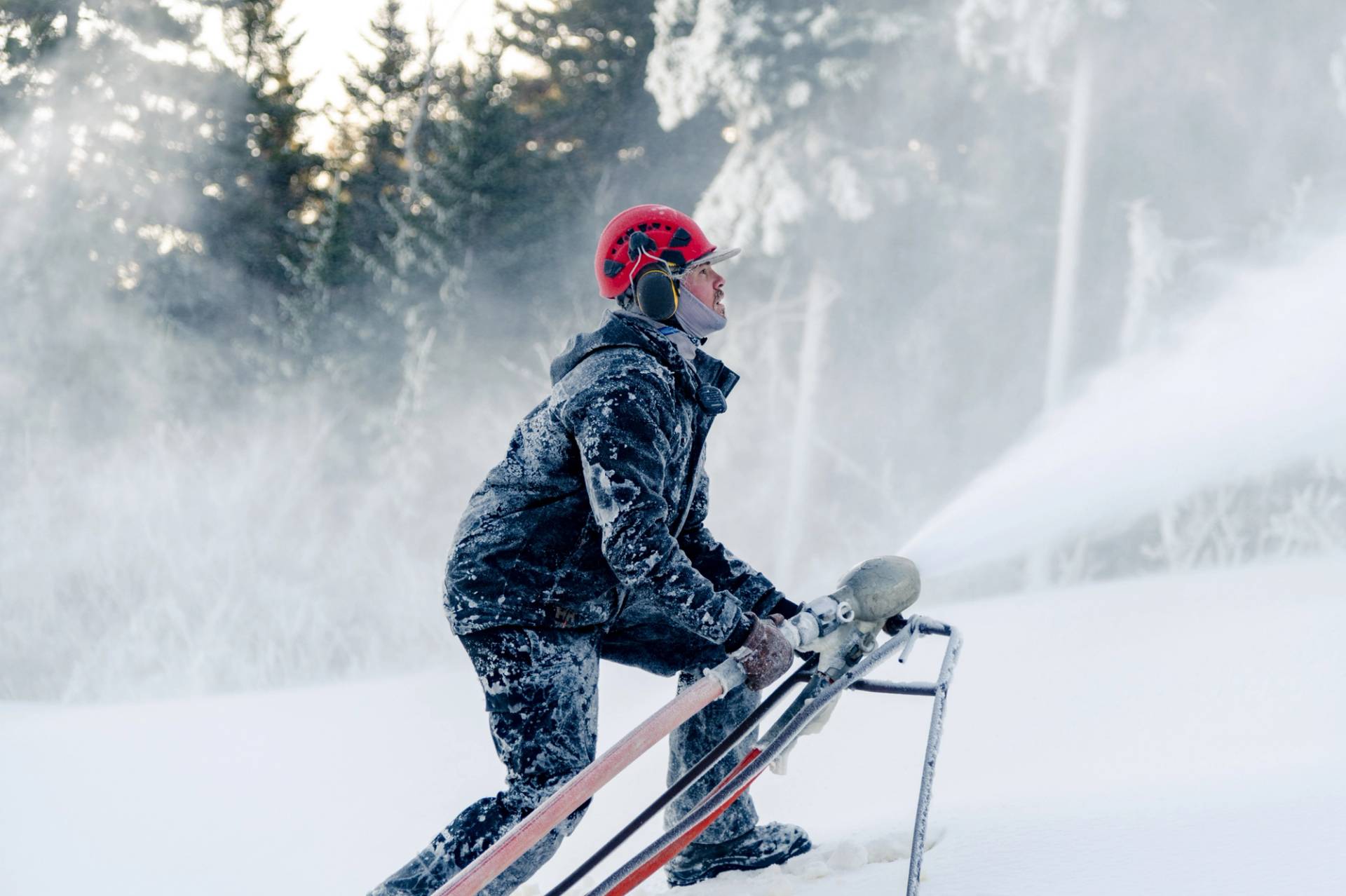 A snowmaker making snow at Sunday River. 